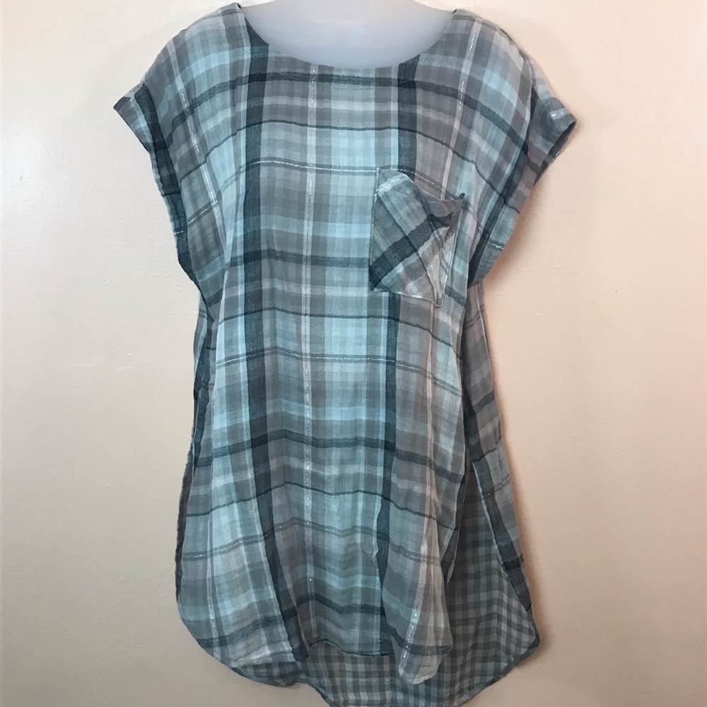 Akemi & Kin Tan Black Silver Plaid Short Sleeve Tunic Top Women M